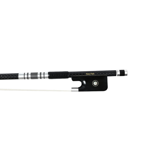 NeoTek Pro Carbon Fiber viola bow fully-mounted Ebony frog front view, featuring weaving pattern stick, Nickel Silver winding, Parisian eye and Abalone slide