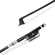  NeoTek Pro Carbon Fiber viola bow tip and fully-mounted Ebony frog side view, featuring weaving pattern stick, Nickel Silver winding, Parisian eye, Abalone slide and white horsehair