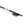 NeoTek Pro Carbon Fiber viola bow fully-mounted Ebony frog side view, featuring weaving pattern stick, Nickel Silver winding, Parisian eye, Abalone slide and white horsehair