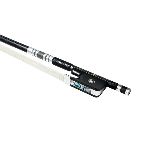 NeoTek Pro Carbon Fiber viola bow fully-mounted Ebony frog side view, featuring weaving pattern stick, Nickel Silver winding, Parisian eye, Abalone slide and white horsehair