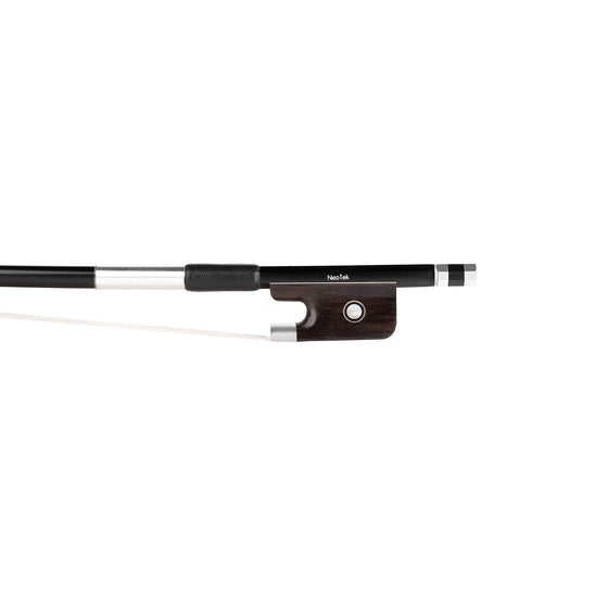 NeoTek Carbon Composite viola bow fully-mounted Ebony frog front view, featuring black matte finish stick, Nickel Silver winding, Parisian eye and Pearl slide