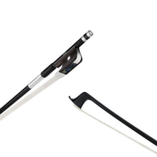  NeoTek Carbon Composite viola bow tip and fully-mounted Ebony frog side view, featuring black matte finish stick, Nickel Silver winding, Parisian eye, Pearl slide and white horsehair
