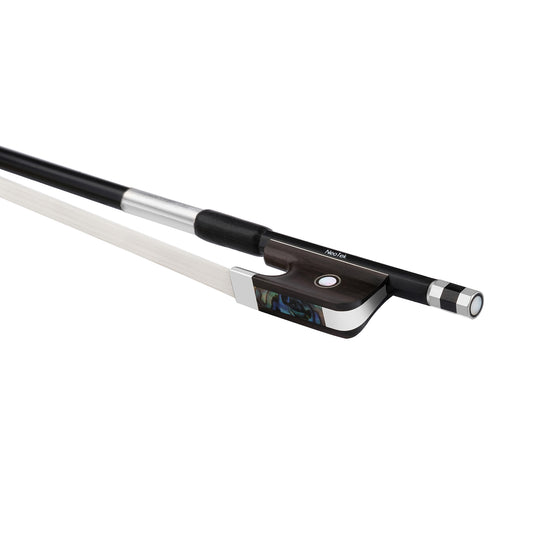 NeoTek Carbon Composite viola bow fully-mounted Ebony frog side view, featuring black matte finish stick, Nickel Silver winding, Parisian eye, Pearl slide and white horsehair