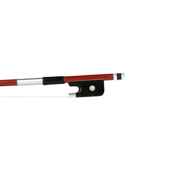 Forte Brazilwood viola bow Ebony frog front view, featuring Nickel Silver winding, Serbian eye and Pearl slide