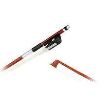  Forte Brazillwood viola bow tip and Ebony frog side view, featuring Nickel Silver winding, Serbian eye, Pearl slide and white horsehair
