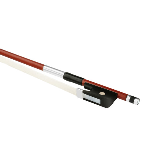 Forte Brazillwood viola bow Ebony frog side view, featuring Nickel Silver winding, Serbian eye, Pearl slide and white horsehair