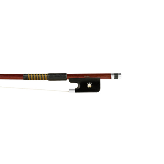 Forte Brazilwood Plus viola bass bow fully-mounted Ebony frog front view, featuring octagonal stick, Nickel Silver winding, Parisian eye, Abalone slide and white horsehair