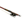 Forte Brazilwood Plus viola bass bow fully-mounted Ebony frog side view, featuring octagonal stick, Nickel Silver winding, Parisian eye and Abalone slide