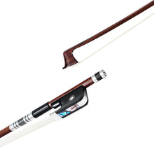  Forte Pro select Brazilwood viola bow tip and fully-mounted Ebony frog side view, featuring round stick, Nickel Silver winding, Parisian eye, Abalone slide and white horsehair