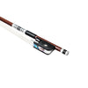 Forte Pro select Brazilwood viola bow fully-mounted Ebony frog side view, featuring round stick, Nickel Silver winding, Parisian eye, Abalone slide and white horsehair