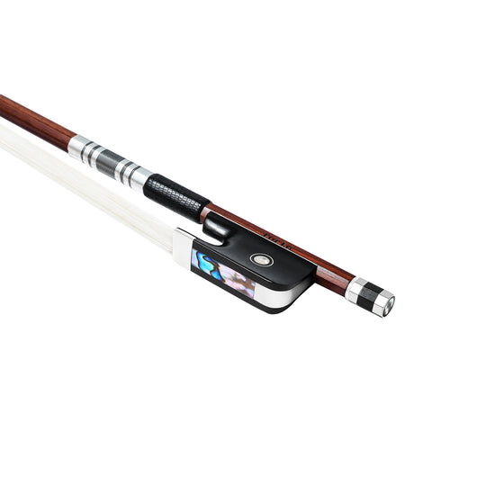 Forte Pro select Brazilwood viola bow fully-mounted Ebony frog side view, featuring round stick, Nickel Silver winding, Parisian eye, Abalone slide and white horsehair