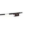 NeoTek Carbon Composite cello bow fully-mounted Ebony frog front view, featuring black matte finish stick, Nickel Silver winding, Parisian eye and Pearl slide