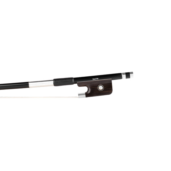 NeoTek Carbon Composite cello bow fully-mounted Ebony frog front view, featuring black matte finish stick, Nickel Silver winding, Parisian eye and Pearl slide