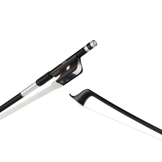 NeoTek Carbon Composite cello bow tip and fully-mounted Ebony frog side view, featuring black matte finish stick, Nickel Silver winding, Parisian eye, Pearl slide and white horsehair