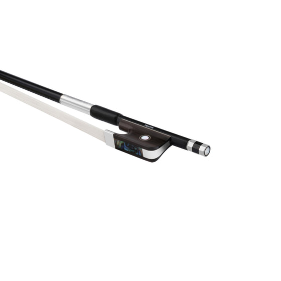 NeoTek Carbon Composite cello bow fully-mounted Ebony frog side view, featuring black matte finish stick, Nickel Silver winding, Parisian eye, Pearl slide and white horsehair