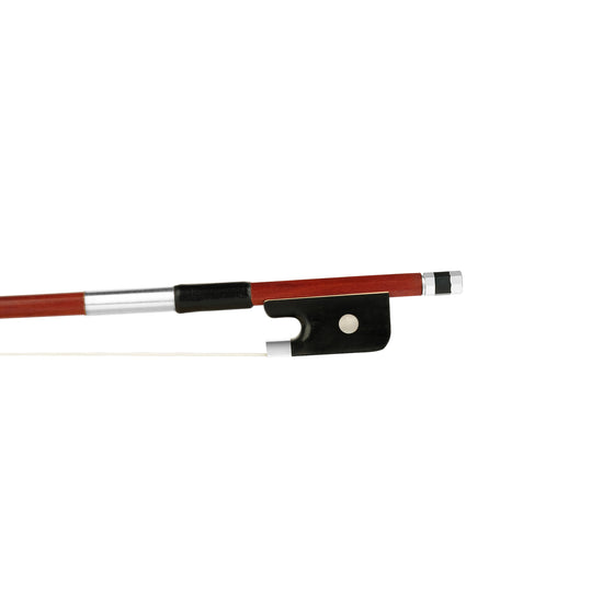 Forte Brazilwood cello bow Ebony frog front view, featuring Nickel Silver winding, Serbian eye and Pearl slide