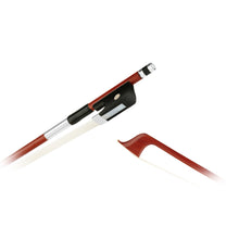  Forte Brazillwood cello bow tip and Ebony frog side view, featuring Nickel Silver winding, Serbian eye, Pearl slide and white horsehair
