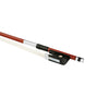 Forte Brazillwood cello bow Ebony frog side view, featuring Nickel Silver winding, Serbian eye, Pearl slide and white horsehair