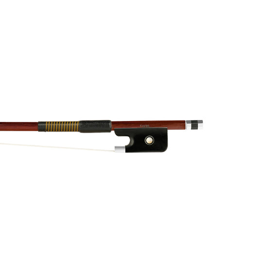 Forte Brazilwood Plus cello bass bow fully-mounted Ebony frog front view, featuring octagonal stick, Nickel Silver winding, Parisian eye, Abalone slide and white horsehair