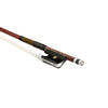 Forte Brazilwood Plus cello bass bow fully-mounted Ebony frog side view, featuring octagonal stick, Nickel Silver winding, Parisian eye and Abalone slide