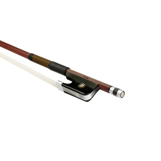 Forte Brazilwood Plus cello bass bow fully-mounted Ebony frog side view, featuring octagonal stick, Nickel Silver winding, Parisian eye and Abalone slide