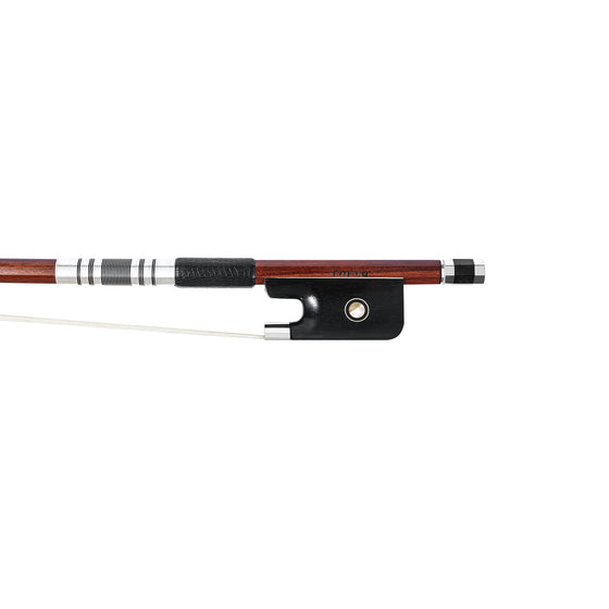 Forte Pro select Brazilwood cello bow fully-mounted Ebony frog front view, featuring round stick, Nickel Silver winding, Parisian eye and Abalone slide