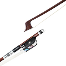  Forte Pro select Brazilwood cello bow tip and fully-mounted Ebony frog side view, featuring round stick, Nickel Silver winding, Parisian eye, Abalone slide and white horsehair