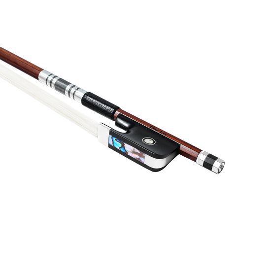 Forte Pro select Brazilwood cello bow fully-mounted Ebony frog side view, featuring round stick, Nickel Silver winding, Parisian eye, Abalone slide and white horsehair