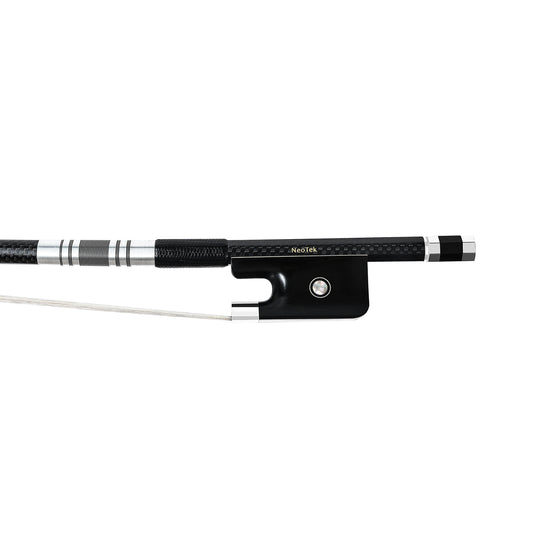 NeoTek Pro Carbon Fiber French style bass bow fully-mounted Ebony frog front view, featuring weaving pattern stick, Nickel Silver winding, Parisian eye and Abalone slide