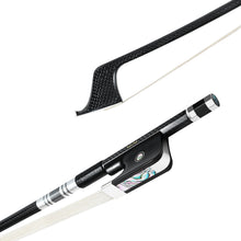  NeoTek Pro Carbon Fiber French style bass bow tip and fully-mounted Ebony frog side view, featuring weaving pattern stick, Nickel Silver winding, Parisian eye, Abalone slide and white horsehair