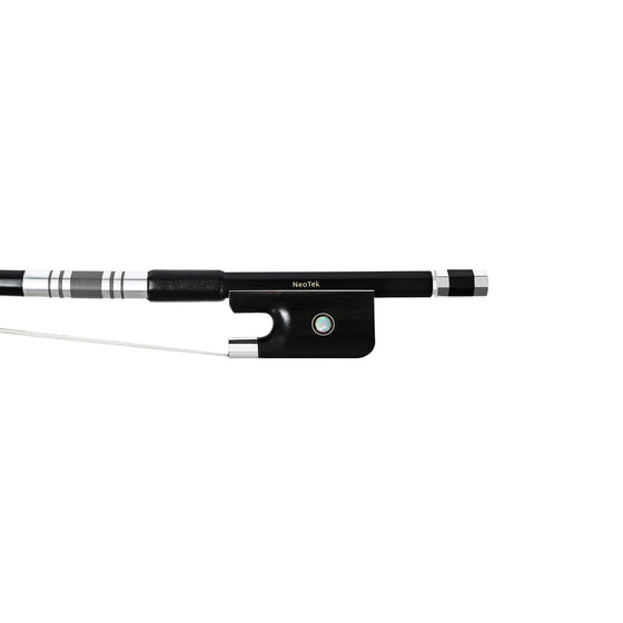 NeoTek Plus Carbon Fiber French style bass bow fully-mounted Ebony frog front view, featuring black matte finish stick, Nickel Silver winding, Parisian eye, Abalone slide and white horsehair