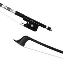  NeoTek Plus Carbon Fiber French style bass bow tip and fully-mounted Ebony frog front view, featuring black matte finish stick, Nickel Silver winding, Parisian eye, Abalone slide and white horsehair
