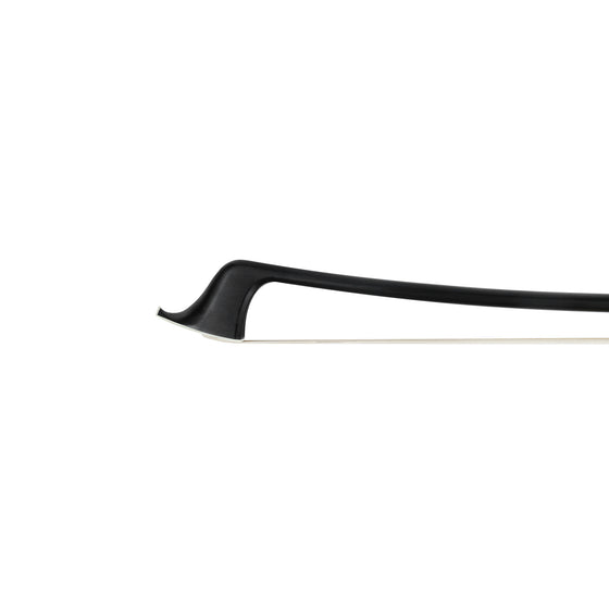 NeoTek Plus Carbon Fiber French style bass bow tip, featuring black matte finish stick and white horsehair