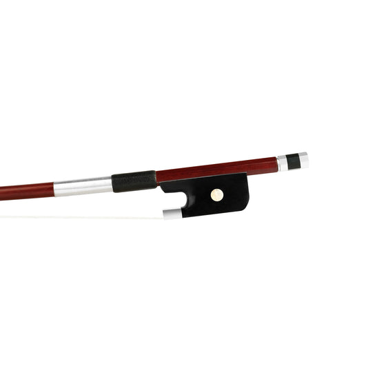 Forte Brazilwood French style bass bow Ebony frog front view, featuring Nickel Silver winding, Serbian eye and Pearl slide