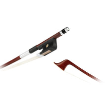  Forte Brazillwood French style bass bow tip and Ebony frog side view, featuring Nickel Silver winding, Serbian eye, Pearl slide and white horsehair