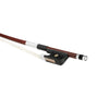 Forte Brazillwood French style bass bow Ebony frog side view, featuring Nickel Silver winding, Serbian eye, Pearl slide and white horsehair