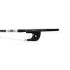 NeoTek Pro Carbon Fiber German style bass bow fully-mounted Ebony frog front view, featuring weaving pattern stick, Nickel Silver winding, Parisian eye and Abalone slide