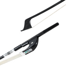  NeoTek Pro Carbon Fiber German style bass bow tip and fully-mounted Ebony frog side view, featuring weaving pattern stick, Nickel Silver winding, Parisian eye, Abalone slide and white horsehair