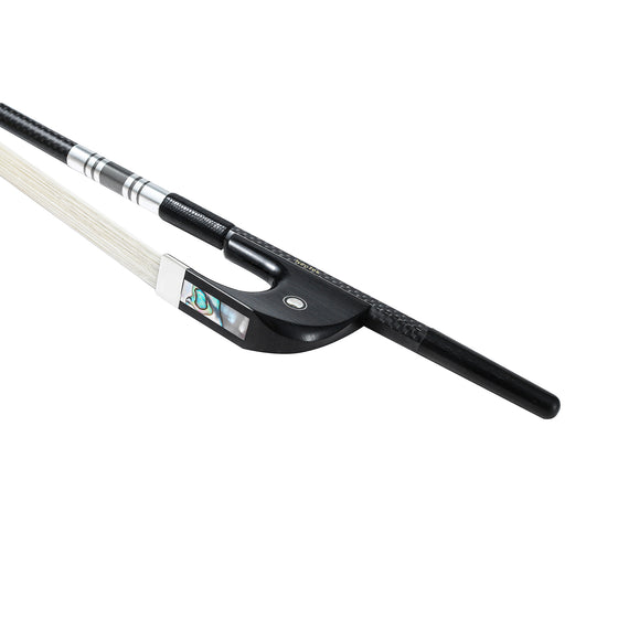 NeoTek Pro Carbon Fiber German style bass bow fully-mounted Ebony frog side view, featuring weaving pattern stick, Nickel Silver winding, Parisian eye, Abalone slide and white horsehair