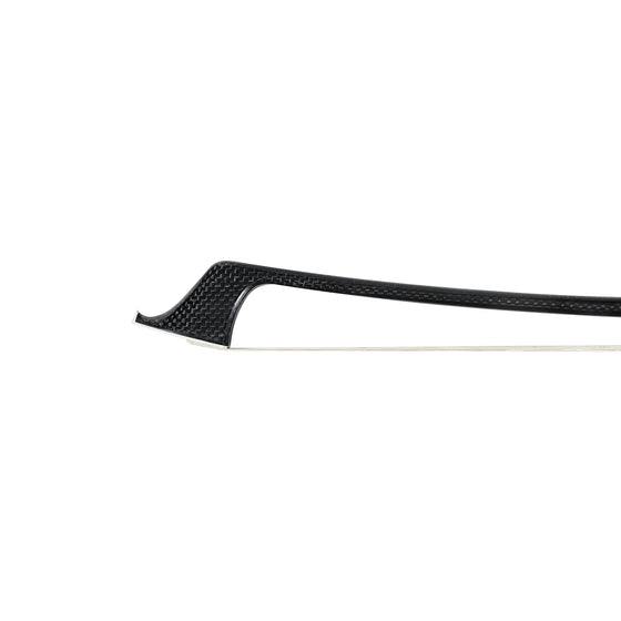 NeoTek Pro Carbon Fiber German style bass bow tip, featuring weaving pattern stick and white horsehair