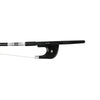 NeoTek Plus Carbon Fiber German style bass bow fully-mounted Ebony frog front view, featuring black matte finish stick, Nickel Silver winding, Parisian eye, Abalone slide and white horsehair