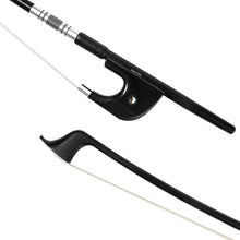  NeoTek Plus Carbon Fiber German style bass bow tip and fully-mounted Ebony frog front view, featuring black matte finish stick, Nickel Silver winding, Parisian eye, Abalone slide and white horsehair