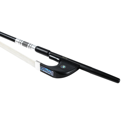 NeoTek Plus Carbon Fiber German style bass bow fully-mounted Ebony frog side view, featuring black matte finish stick, Nickel Silver winding, Parisian eye and Abalone slide