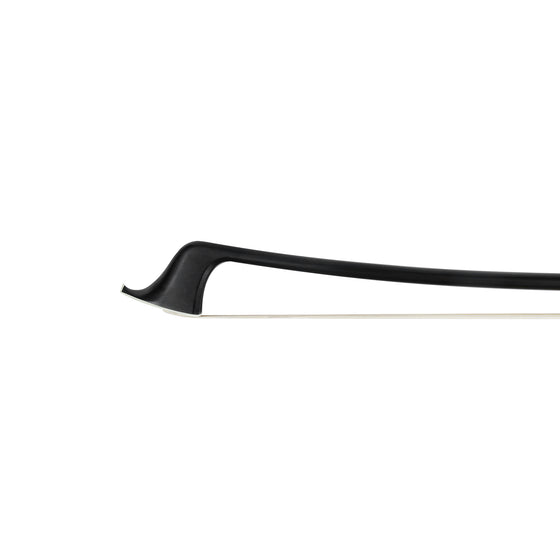 NeoTek Plus Carbon Fiber German style bass bow tip, featuring black matte finish stick and white horsehair