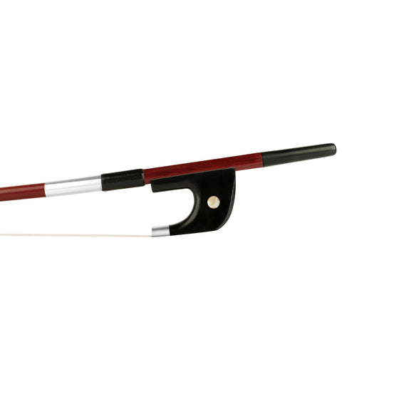 Forte Brazilwood German style bass bow Ebony frog front view, featuring Nickel Silver winding, Serbian eye and Pearl slide