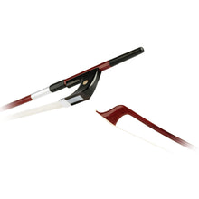  Forte Brazillwood German style bass bow tip and Ebony frog side view, featuring Nickel Silver winding, Serbian eye, Pearl slide and white horsehair