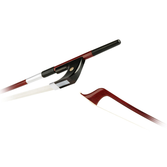Forte Brazillwood German style bass bow tip and Ebony frog side view, featuring Nickel Silver winding, Serbian eye, Pearl slide and white horsehair