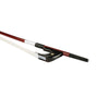 Forte Brazillwood German style bass bow Ebony frog side view, featuring Nickel Silver winding, Serbian eye, Pearl slide and white horsehair