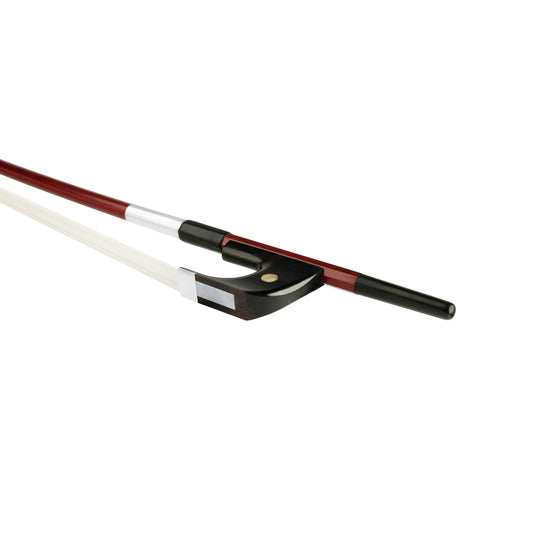 Forte Brazillwood German style bass bow Ebony frog side view, featuring Nickel Silver winding, Serbian eye, Pearl slide and white horsehair