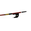 Forte Brazilwood Plus German style bass bow fully-mounted Ebony frog front view, featuring octagonal stick, Nickel Silver winding, Parisian eye, Abalone slide and white horsehair